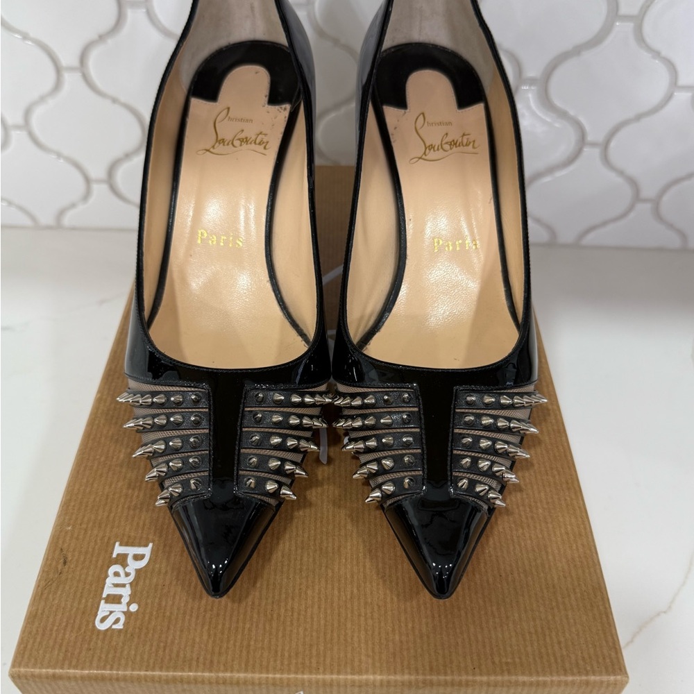 Christian Louboutin Barreta Black Patent Spiked Heels